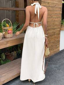 Sunnyshic Đầm dài dáng chữ A cổ chữ V hở lưng thắt eo dành cho nữ, vải jacquard màu vàng, thanh lịch và dễ thương, thích hợp cho mùa xuân/hè, đi nghỉ mát, đi biển, hẹn hò hoặc mặc hàng ngày. - trắng - Xem 2