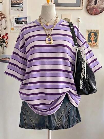 Lalippa Striped Digital Print Casual Oversized Mid-Length Round Neck Drop Shoulder Women T-Shirt, Gift For Friends