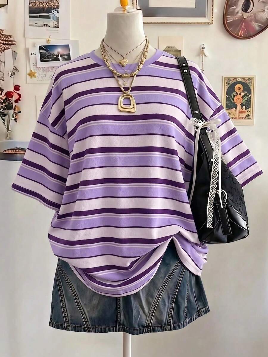 Lalippa Kaos Wanita Kasual Bergaris Digital Print Ukuran Besar Panjang Sedang Leher Bulat Bahu Jatuh, Hadiah untuk Teman - MultiWarna - View 1