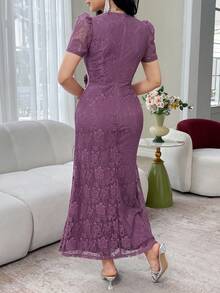 Feyla New Lace Waist Ruffle Floral Cinched Waist Elegant High-End Party Dress - Purple - View 7