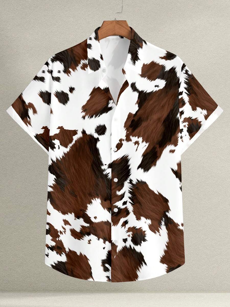 Azurnel Wild West Cowboy Faux Cowhide Casual Allover Print Slim Fit Short Sleeve Polo Shirt, Plus Size - Multicolor - View 1