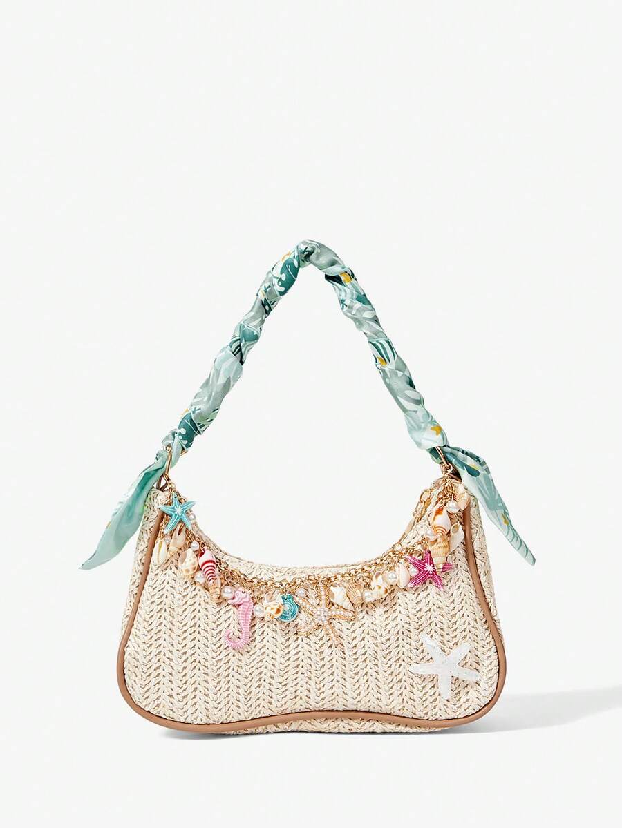 1pc Summer Seaside Vacation Straw Bag, Shell Starfish Decorative Silk Scarf Strap Armpit Bag, Beach Commuter Shoulder Bag - Green 10 - View 1