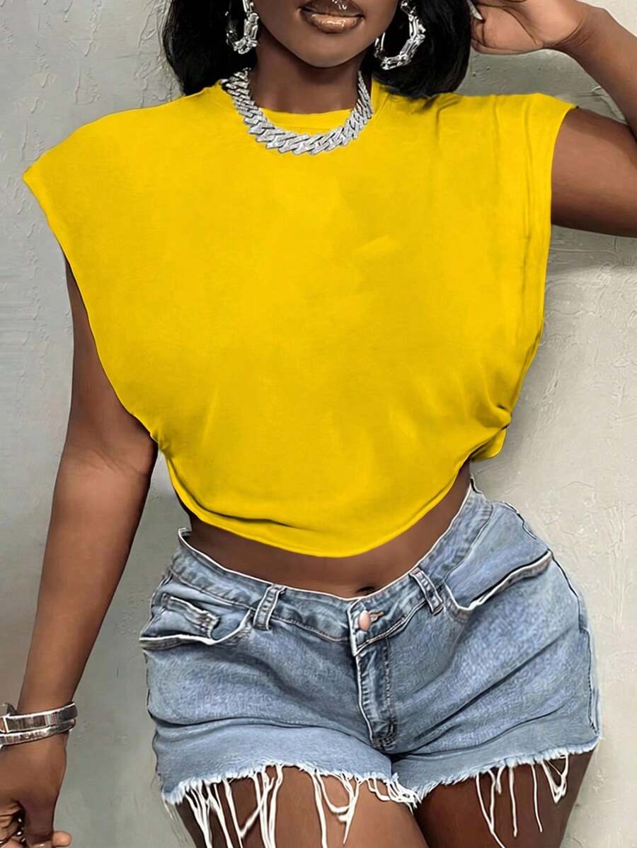 SHEIN Slayr Plus Size Casual Sleeveless T-Shirt, Suitable For Summer - Yellow - View 1