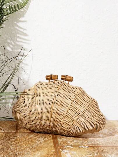 SHECARRY 女士手工编织贝壳藤夏季沙滩米色手拿包，造型吸睛，轻巧百搭，适合度假、海滩、波西米亚风格