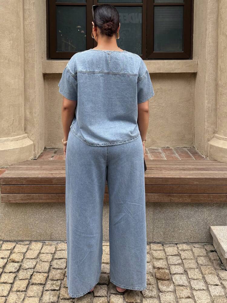 Dazy Plus Western Cowgirl Vacation Style Loose Tie Front Short Sleeve Top And Wide Leg Pants Spring/Summer Plus Size Women Denim Set