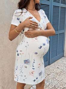 SHEIN Vestido de maternidad y lactancia de verano con estampado floral elegante y lazo - Blanco - Ver 2