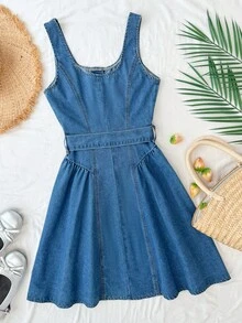 SHEIN Comfortcana Đầm denim nữ mùa hè kiểu dáng thường ngày, cài cúc phía trước, không tay. - Rửa trung bình - Xem 2