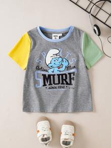 SHEIN X The Smurfs Áo thun cổ tròn tay ngắn, kiểu dáng thường ngày, đa năng dành cho bé trai. - Màu xanh lam - Xem 1