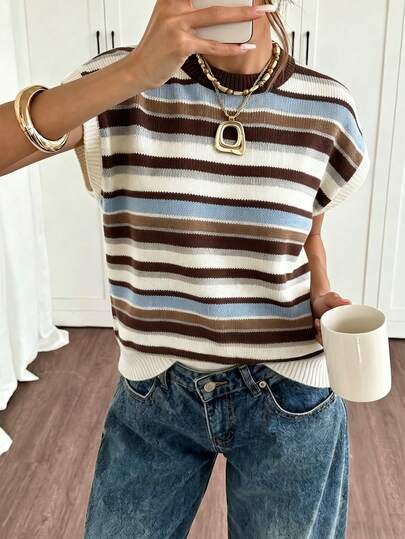 Siren Gaze Suéter ligero de estilo vintage con bloques de color en apricot, azul y marrón, de estilo minimalista y elegante, perfecto para el trabajo, las vacaciones y el estilo "soft girl" de dinero viejo, primavera/verano