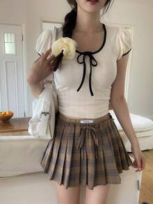 DAZY 女士格子休闲宽松A字裙 - 咖啡棕 - 查看 10