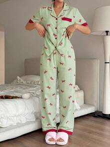 Napfluff Contrast Color Bow Striped Print Lapel Red Button Short Sleeve Top And Pants PJS, Pink Striped Pink Bow Print PJS, Suitable For Home Wear - Green - View 6
