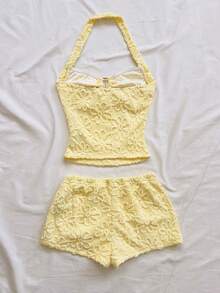 Conjunto Casual de 2 Piezas para Mujer : Top Halter con Volantes a Rayas y Pantalones Cortos - Amarillo claro - Ver 2