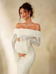 Cheriluna Maternity 孕妇摄影蕾丝连衣裙/优雅派对礼服/黄色新年连衣裙/冬季连衣裙 - 杏色 - 查看 5