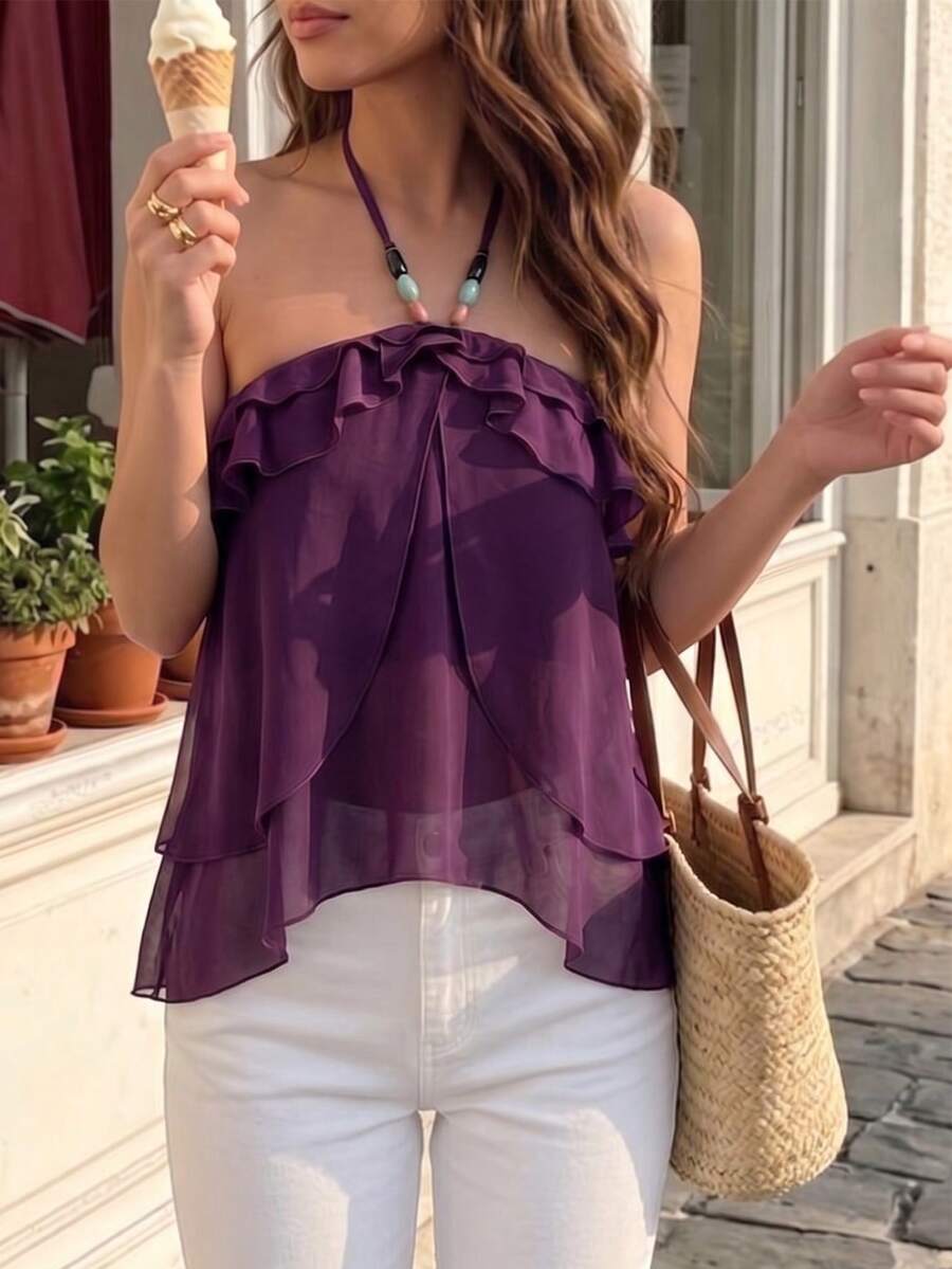 Modelyn Women's Dark Purple Summer Boho Vacation Holiday Chiffon Top, Elegant Colored Beaded Halter Neck Multi Layer Ruffle Edge Slim Fit Party Cami Tops
