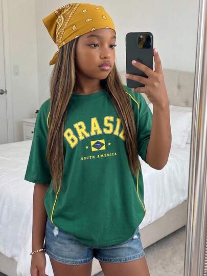 Girlism Tween Girls' Round Neck T-Shirt, Yellow Green T-Shirt With World Cup Brazil Print, Casual Sports Tops, Spring/Summer