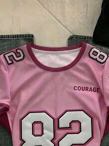 SHEIN EZwear 休闲简约粉色针织衫，82号印花圆领短袖宽松T恤，女款，适合世界杯、夏季上衣、日常通勤、约会、派对、秋冬夏季、圣诞节、新年、感恩节、聚会、婚礼、海滩、毕业典礼、时尚、优雅、休闲、外出、约会、预订、通勤、闪亮、情人节、优雅、度假、休闲、Y2K、外出、毕业典礼等场合。 - 彩色 - 查看 3