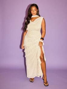 FASHION SZN Plus Size Polka Dot Maxi Dress With Matching Scarf Ruffle Elegant Chic Occasion Wedding Guest Dress Plus Size Summer Holiday Outfit Vacation Hen Do Bachelorette Long Dress Sleeveless Chiffon Races Garden Party Sun Dress Women Trending New Race Day Dress - Black and White - View 6