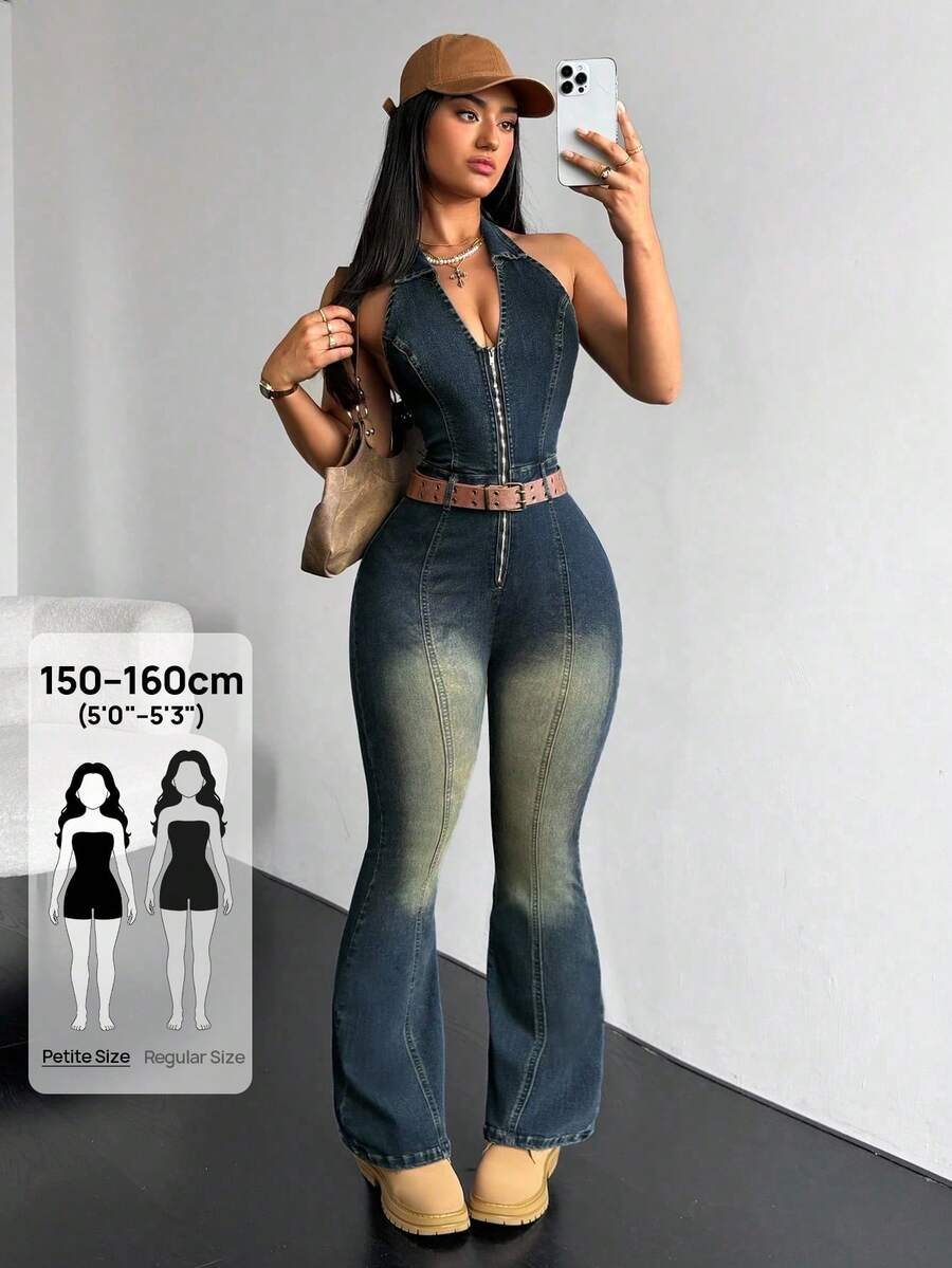 SHEIN PETITE Mono de mezclilla para mujer de talla pequeña - Azul - Ver 1