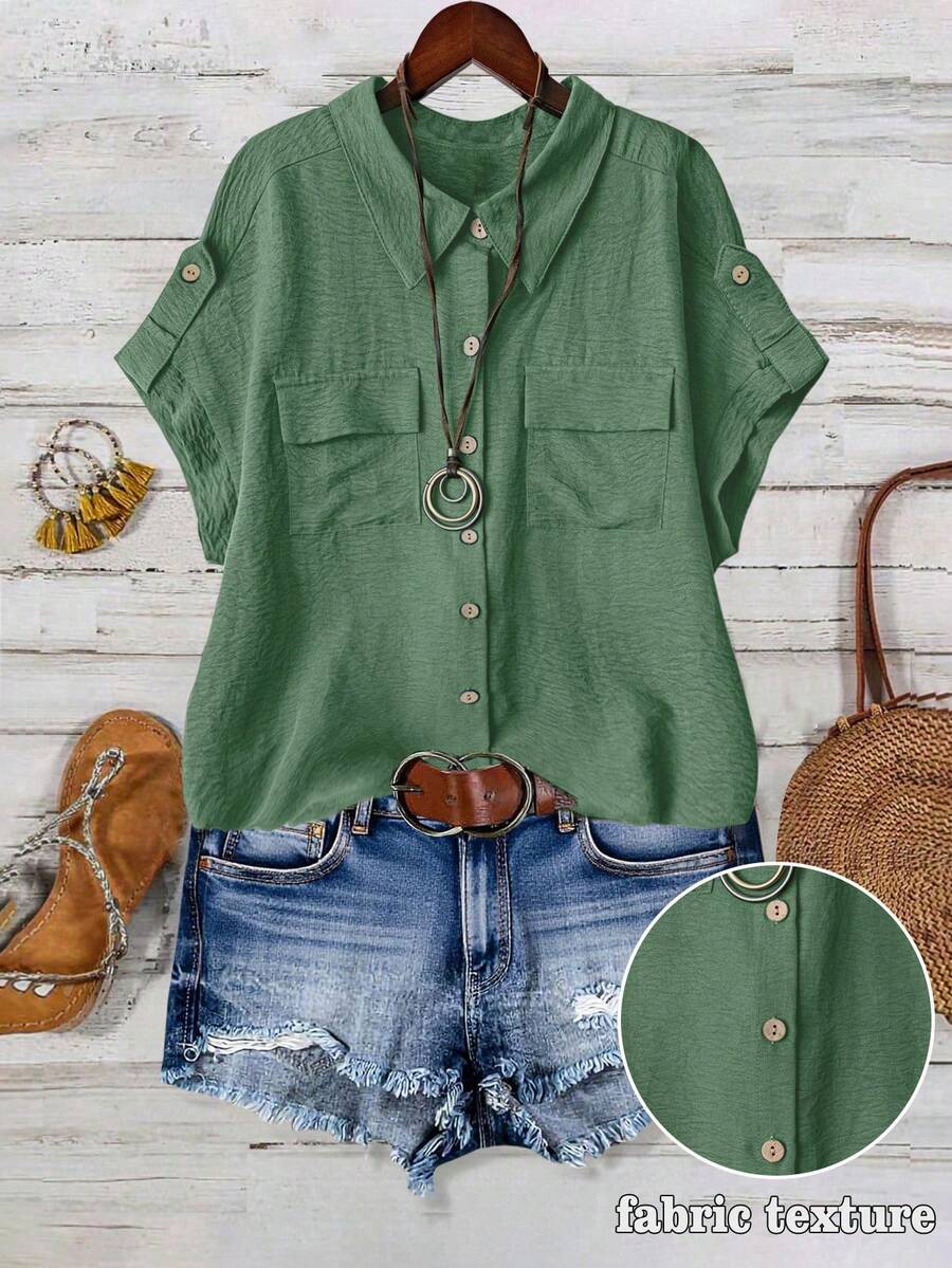 SHEIN LUNE CURVE Áo sơ mi nữ cỡ lớn màu trơn, cổ cài cúc, tay ngắn, hai túi, kiểu dáng thường ngày, thoải mái và thời trang. - Màu xanh Bạc hà - Xem 1