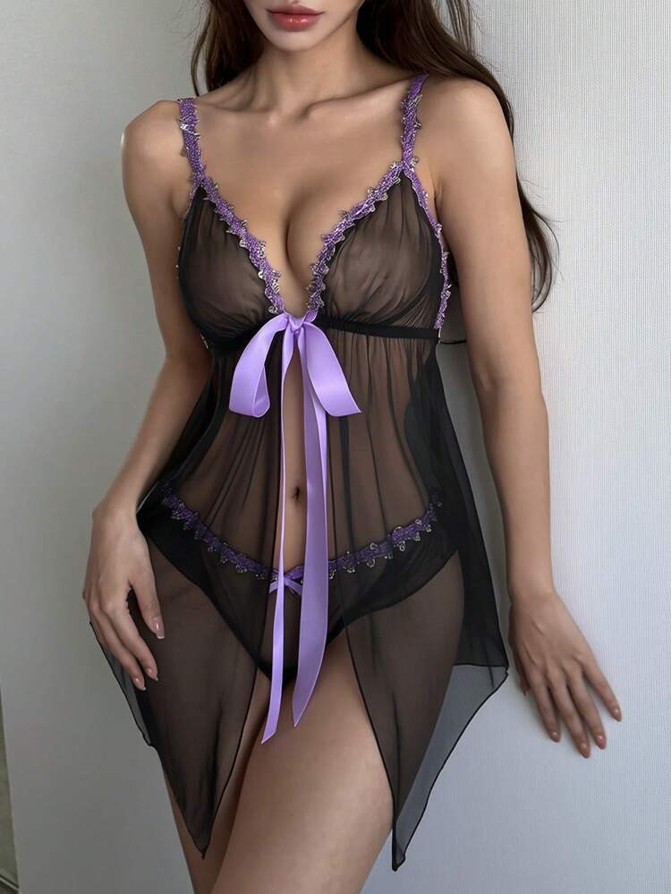 2pcs Colorful Lace Patchwork Cardigan & Sheer Mesh Tie-Front Sexy Nightgown Set For Women