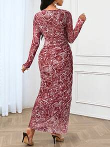 SHEIN Lady Four Season Party Print Women's Vintage Printed Pleated Dress Elegant Women Dresses Long Sleeve Dress Wedding Dress Guest Bridesmaid Dress Fall Dresses Vintage Dress Burnt Orange Dress - Red - View 2