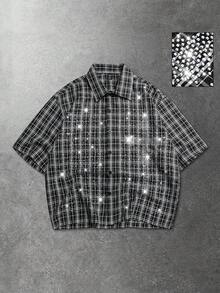 ROMWE MEN Men's Sparkling Rhinestone Cross Plaid Print Short Sleeve Shirt - Black - View 6
