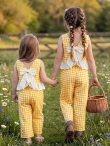 Emery Rose Kids Emery Rose Kids 2件套少女格子圆领休闲背心和裤子套装 - 黃色 - 查看 4