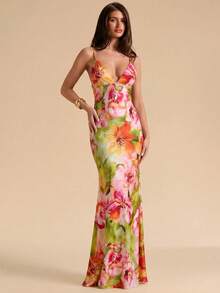SHEIN BAE Damen Sommer V-Ausschnitt Rüschen Blume Muster Rückenfreies Kleid mit Bindeträgern, Meerjungfrau-Saum elegantes Urlaubskleid, Strandresort-Kleid, rückenfreies Blumenprint-Maxikleid, Sommerkleid, Boho-Kleid - Grün - Übersicht 3