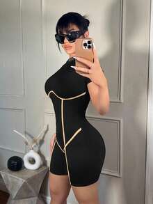 SHEIN SXY Áo liền quần nữ dáng ôm, phối màu tương phản, thích hợp mặc hàng ngày. - màu đen - Xem 5