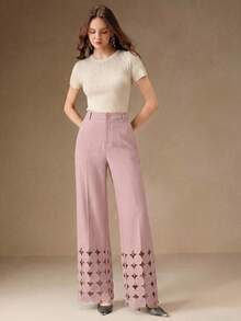 Anewsta Quần ống đứng cạp cao màu hồng thanh lịch dành cho nữ, thích hợp đi làm và dự tiệc, với họa tiết thêu hình tròn bất đối xứng. - Hồng - Xem 3
