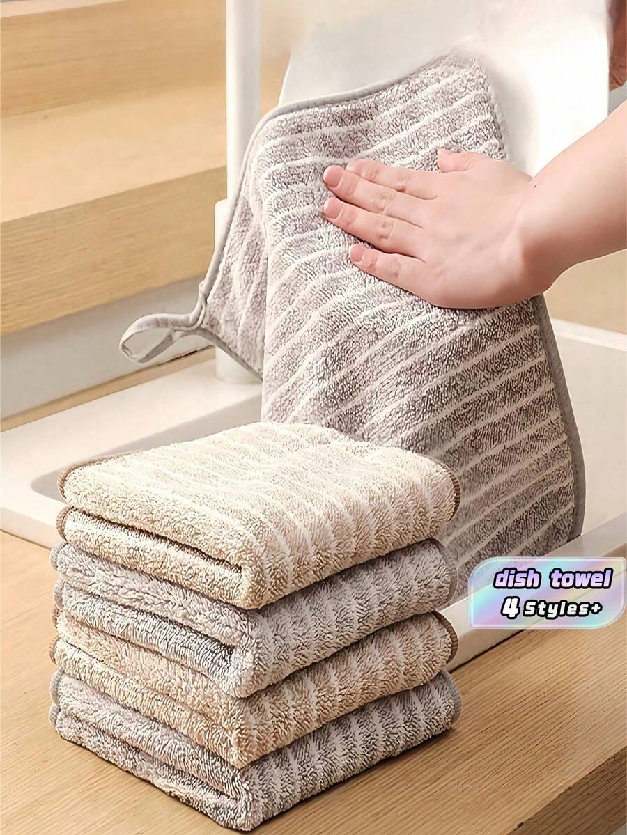 1/3/5/8 piezas Paños de limpieza a rayas de colores aleatorios, trapos de cocina de microfibra con ojal para colgar, toallas de limpieza de cocina reutilizables y lavables, para eliminar la grasa, lavar platos, súper absorbentes, adecuados para la cocina, automóviles, limpieza de vidrios y limpieza del hogar - Multicolor - Ver 1