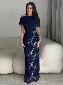 Modelyn 婚礼季、春夏休闲优雅通勤、日常约会、生日派对、办公室着装、简约小礼服、闺蜜聚会、小型宴会、派对、露肩褶皱网纱面料、刺绣花朵、拼接针织面料、杏色长裙、A字裙、女士长裙 - 藏蓝色 - 查看 7