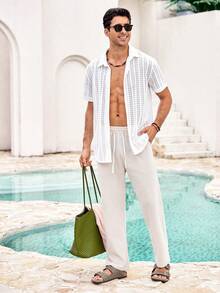 Mercer Haus Men's Jacquard Elastic Casual Shirt, Hollow Lattice, For Summer Vacation Beach Wear - White - View 3