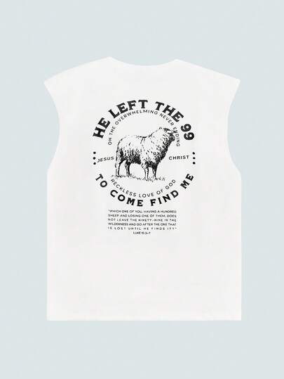 Modcrash Men's Vintage Sheep & Bible Verse Print Sleeveless T-Shirt, Minimalist White Casual Sports Fitness Tank Top