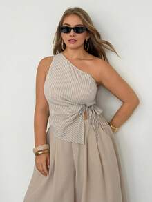 Auralis Summer Elegant Beige Vacation Holiday Plus Size Women One Shoulder Gathered Tie Waist Blouse,Minimalist Commuter Workwear Mermaid Style Party Top - Khaki - View 6