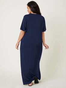 SHEIN BASICS 大码女式纯色圆领短袖休闲连衣裙 - 藏蓝色 - 查看 2