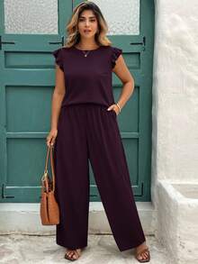 SHEIN Clasi 2pcs Women Plus Size Dark Purple Set,Autumn Smart Casual Everyday Ruched Shirt & Wide Leg Elastic Waist Pants,Elegant Outfit Matching Two Pieces Sets - Purple - View 5