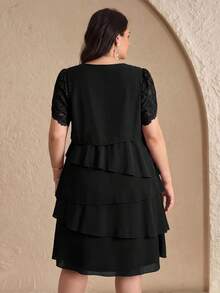 Reflora Plus Size Women Solid Color Round Neck Casual Party & Outing Dress - Black - View 6