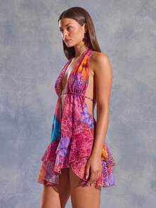 MUSERA Extreme Plunge Halter Neck Leopard Flower Print Ruffle Hem Mini Dress Summer Ibiza Y2k Cool Girl Festival Rave Vacation Club Cute Holiday Beach - Hot Pink - View 6