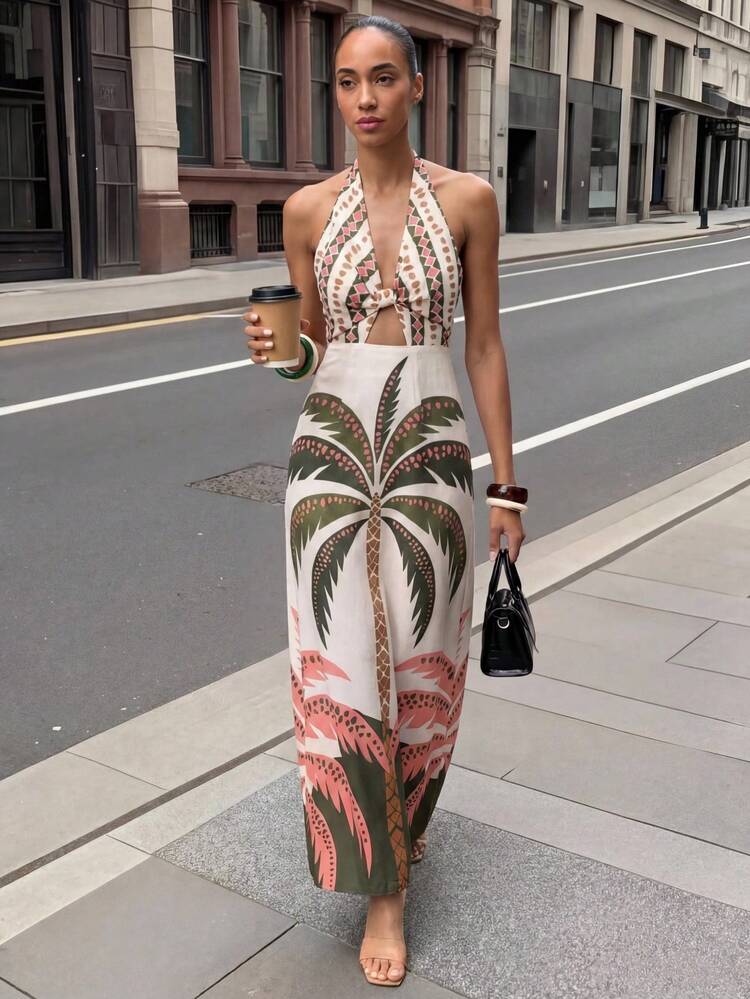 SHEIN Maija MAIJA Off-White Summer Tropical Vacation Holiday Palm Print Halter Cutout Tie Front Midi Dress,Hawaiian Resort Style Beach Outfits For Women Party