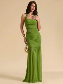 SHEIN BAE Solid Green Bodycon Halter Dress, Elegant Vacation/Summer Holiday Outfits For Women,Summer Dresses For Women - Green - View 2