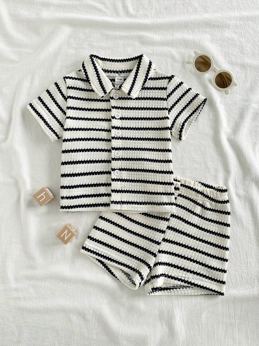 SHEIN Vintaside Kids 男女通用新生儿至1岁宝宝套装,杏色短袖衬衫和短裤套装,纹理面料,适合夏季外出穿着 - 彩色 - 查看 1