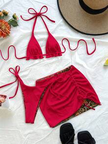 Soleia Bộ bikini họa tiết da báo mới dành cho nữ, kèm váy, họa tiết đồng bộ, kiểu buộc dây cổ, thiết kế thời trang và gợi cảm. - Nhiều màu - Xem 2
