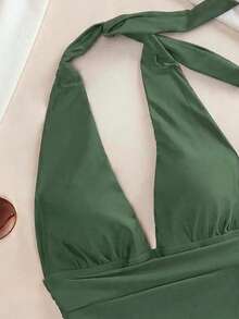 Swim Basics Women's Solid Color Halter One-Piece Swimsuit, Casual Vacation - Army Green - View 5