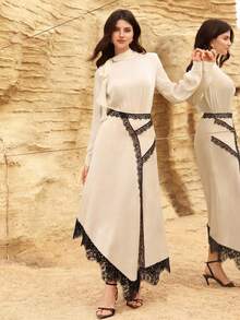 Modelyn Petite Chân váy chữ A thanh lịch màu mơ dệt ghép mảnh viền ren dành cho nữ, thích hợp cho mùa xuân/hè. - Màu be - Xem 7