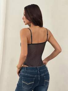 SHEIN PETITE 新款夏季黑色波点网眼吊带背心波点泳衣 - 黑色 - 查看 2