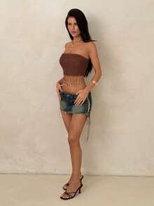 SHEIN ICON Áo ống dệt kim viền tua rua gợi cảm dành cho nữ, thích hợp cho mùa hè. - màu nâu - Xem 5