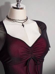 SHEIN ICON Plus Size Women's Retro Dark Gothic Sweetheart Neckline Mesh Slim Fit Dress,Black,Summer,Goth,Night Out Club Red And Black Color Block Y2K Elegant - Multicolor - View 6