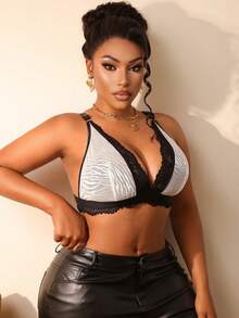 Bare Chapter 1pc Animal Print Zebra Striped Lace Trim Mesh Plus Size Women Bra - Black and White - View 6