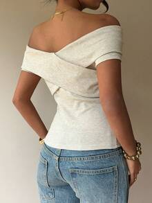 SHEIN PETITE CURVE Áo thun trễ vai thời trang cỡ lớn dành cho nữ, mùa hè - Màu be - Xem 7